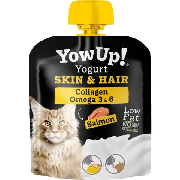 Iaurt pentru pisici YowUp Skin & Hair cu somon, fără lactoză, GMO sau zahăr adăugat, 85g