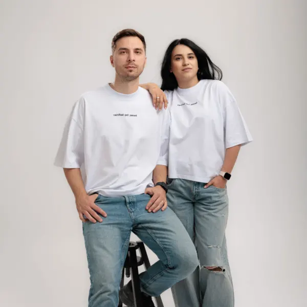 Tricou oversized unisex Doctor Totolici® 'certified pet parent', bumbac organic, culoare White