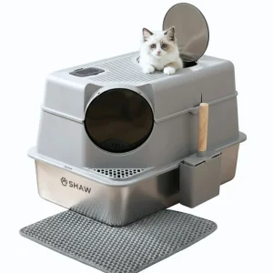 Litieră Shaw XL de colț din inox pentru pisici, 2 în 1, cu filtru de carbon și covoraș colector