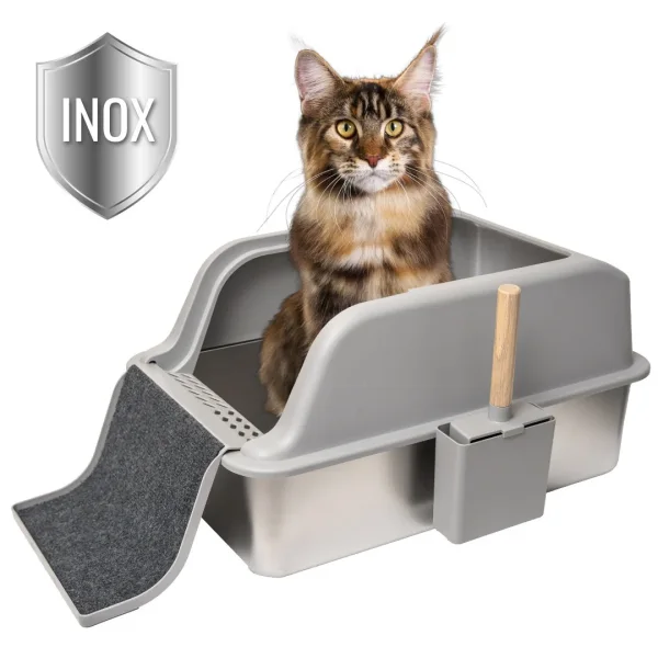 Litieră Shaw XL din inox pentru pisici, 20 L, cu prag multifuncțional și lopățică